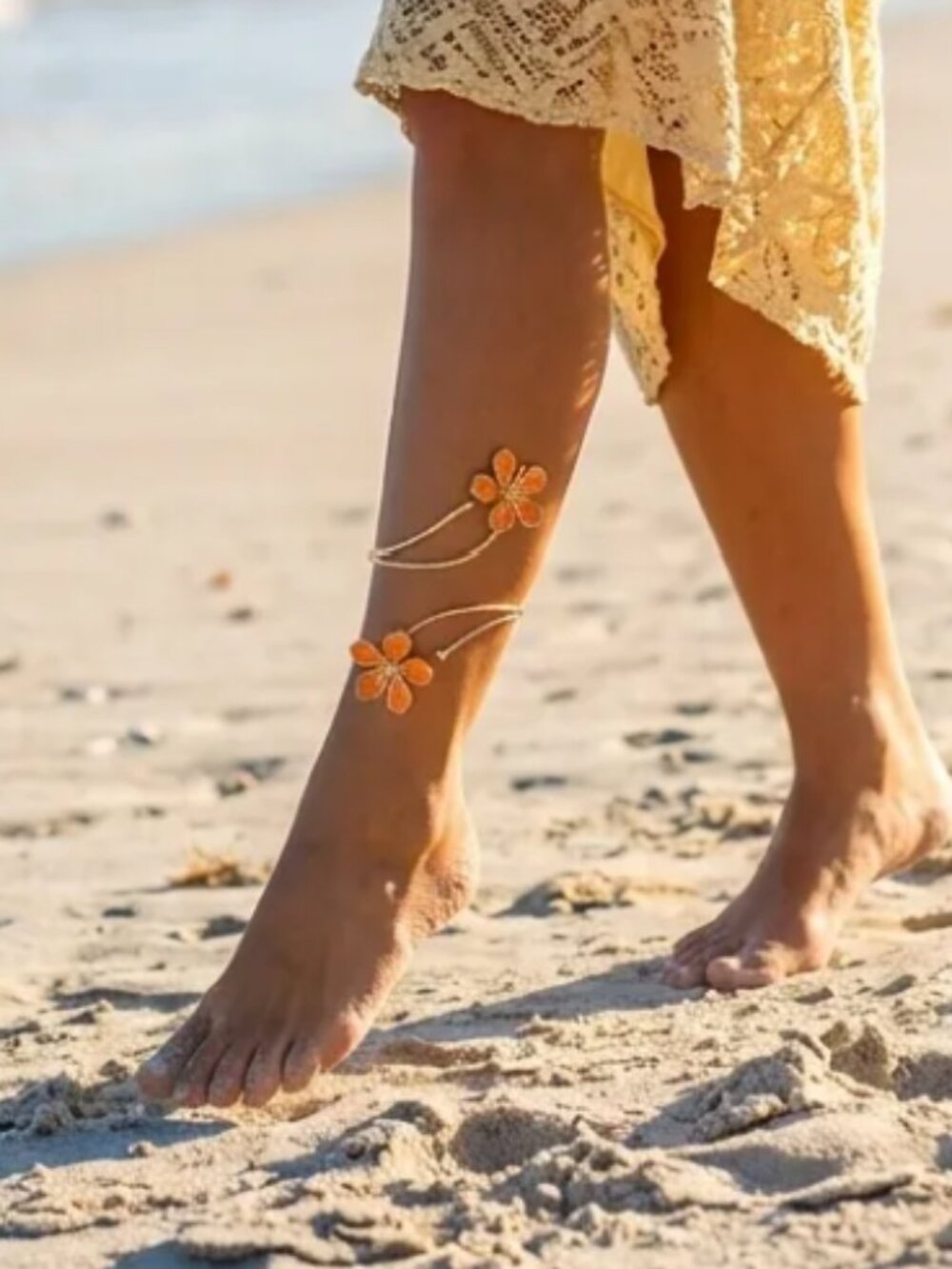 Boho Orange Enamel Flower Arm & Ankle Cuff Bracelet | Adjustable - Picture 7 of 13